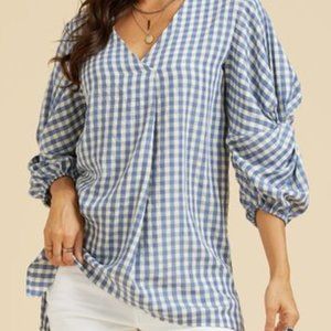 COPY - Ivory & Slate Blue Gingham Knot Sleeve Tunic
